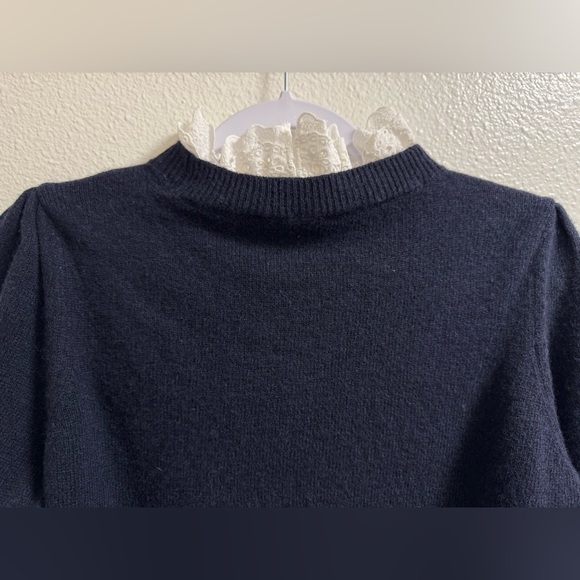 Sandro Stevy Sweater Contrast Ruffle Collar Eyelet Wool Blend Blue Womens Medium - Picture 9 of 13